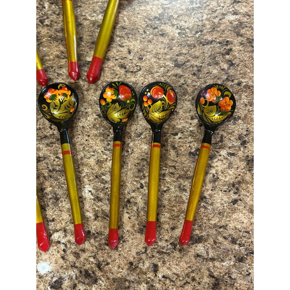 Lot Of 9 Vintage Khokhloma Russian Wooden Lacquer Hand Painted Spoons - Picture 3 of 7